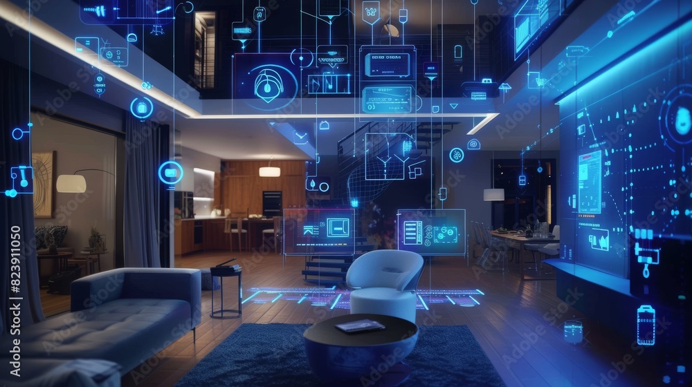 Futuristic living room featuring advanced technology and digital interfaces overlaid across the cozy, well-furnished space. Futuristic living room featuring advanced technology and digital interfaces overlaid across the cozy, well-furnished space.