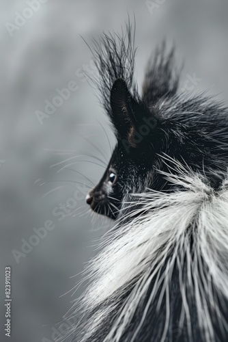 A skunk's comical closeup, tail up, on silver backdrop, with ample space for text photo