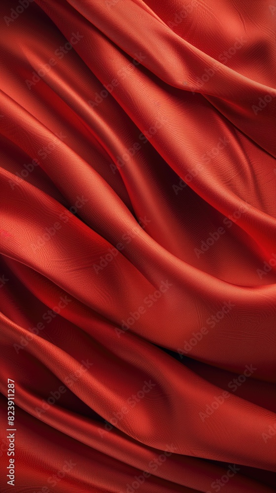 Obraz premium Red Silk Satin Fabric Theater Curtain Pattern Soft Textile Flowing Curves Waves Abstract Artwork Background Concept, Web Graphic Wallpaper, Vertical 9:16 Digital Art Backdrop