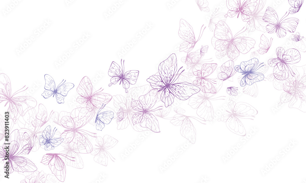 Butterflies are pink, blue, lilac, flying, delicate line art. Graphic illustration hand drawn in pink, lilac ink. Composition stream, template EPS vector