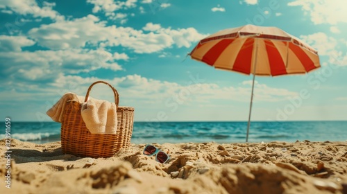 Serene Summer Scene  Basket and Umbrella on Beach