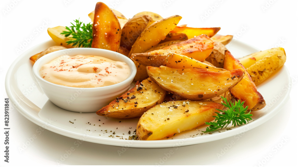 White Plate With Potato Wedges and Dipping Sauce