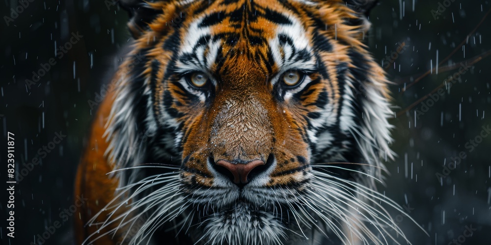 A majestic close-up of a fierce tiger's face in the rain, showcasing its intense gaze, striking stripes, and piercing eyes that evoke a sense of power and raw beauty