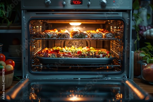 A kitchen scene with an open oven door showing a variety of foods cooking inside, including vegetables and stuffed meats, illuminated by the oven light photo