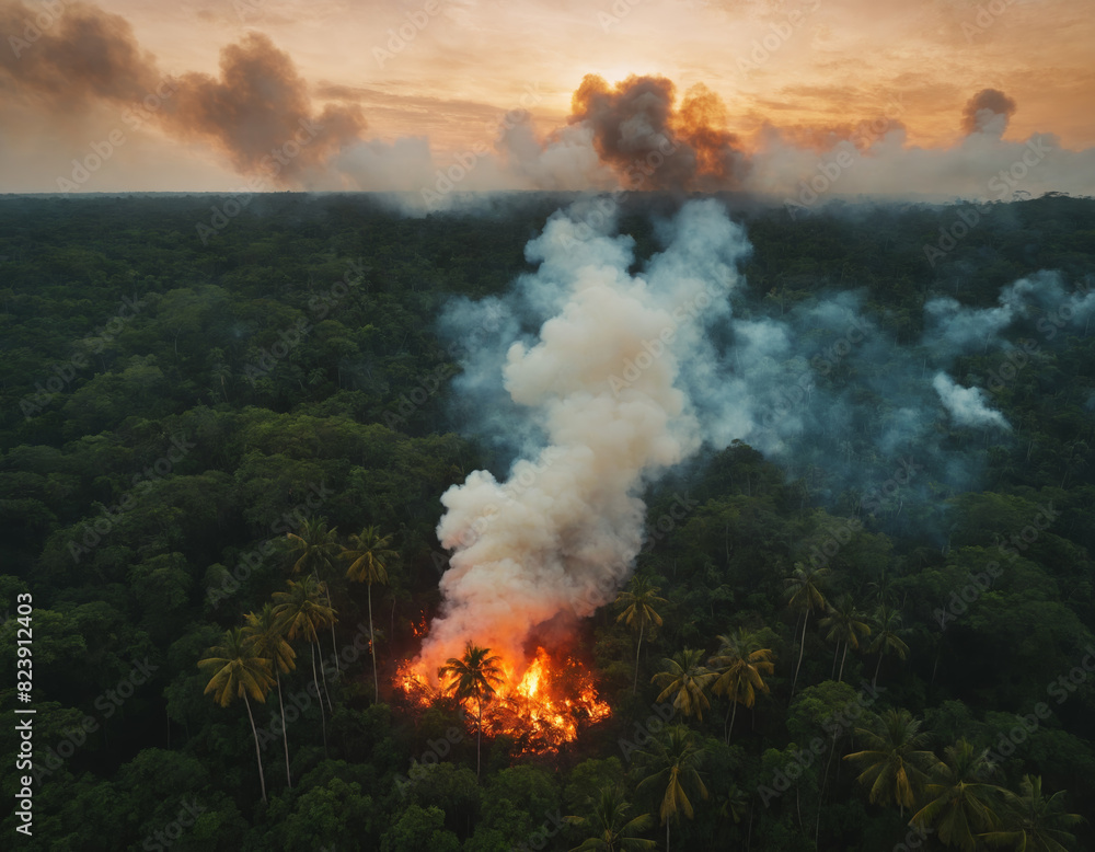 Aerial Shot of Forest Fire with Thick Smoke Rising Over Dense Greenery at Sunset