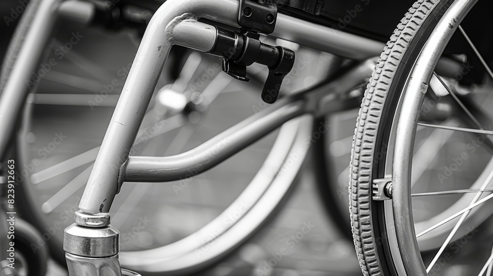 Close-up view of the mechanical parts of a bicycle, focusing on the frame, brakes, and gears with a blurred background in monochrome tones Close-up view of the mechanical parts of a bicycle, focusing on the frame, brakes, and gears with a blurred background in monochrome tones