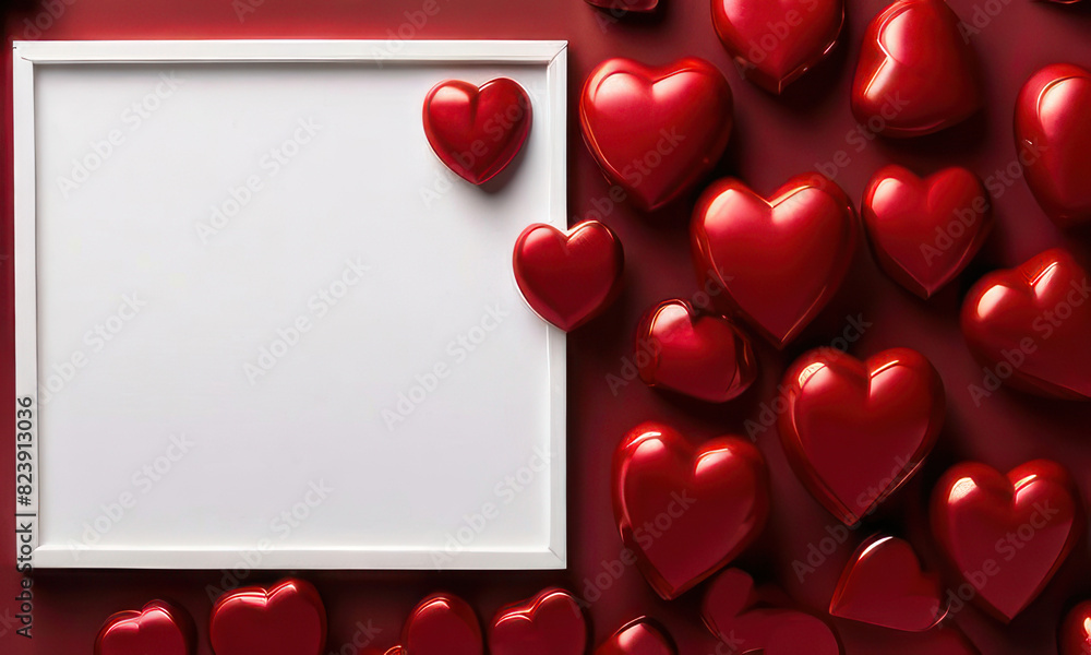 White background with many red hearts all around it with empty space in center White background with many red hearts all around it with empty space in center