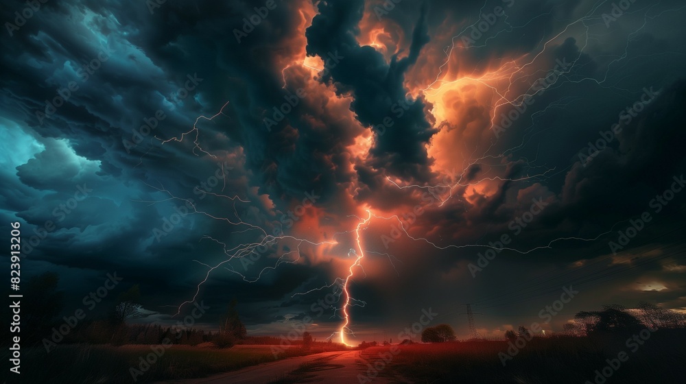 Dramatic landscape photograph of lighting striking the ground Dramatic landscape photograph of lighting striking the ground