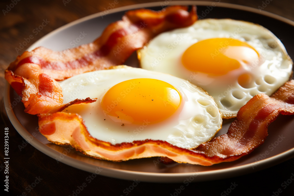 Two eggs and bacon on plate on table with fork. Two eggs and bacon on plate on table with fork.