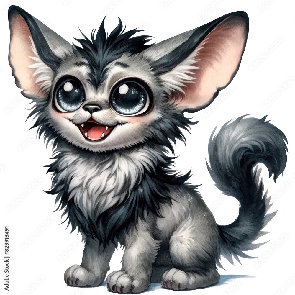 A cheerful full-body watercolor cartoon Lykoi cat with big, expressive, sparkling eyes that clearly convey joy. The cat has a unique