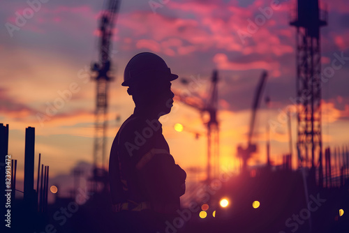 Silhouette of engineer and worker on building construction site at sunset in evening time. © Kenishirotie