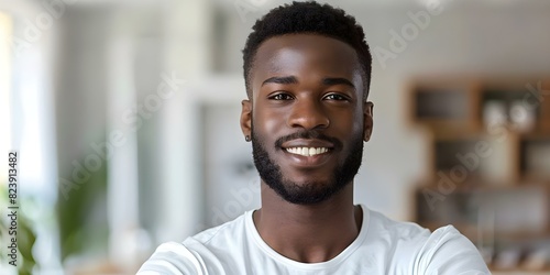 Stylish Black Man exuding Confidence with a Striking Smile and Strong Features on White Background. Concept Male Fashion, Black Models, Confidence, Photography, Stylish Smiles photo