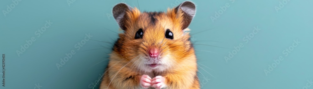 A hamster stuffing its cheeks in a closeup on a violet background offers ample space for text A hamster stuffing its cheeks in a closeup on a violet background offers ample space for text