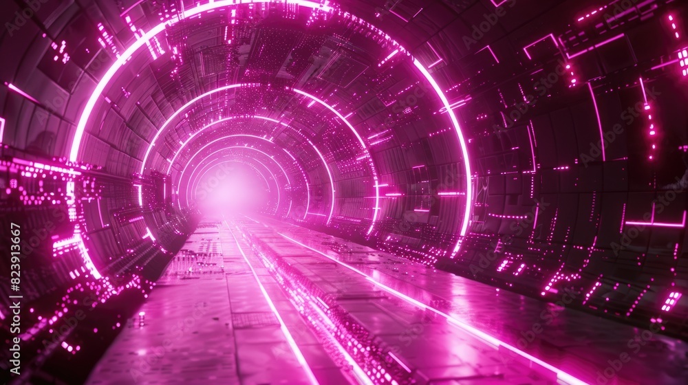 Fototapeta premium Virtual Abstract. Futuristic 3D Render of Urban Tunnel in Pink Neon Light