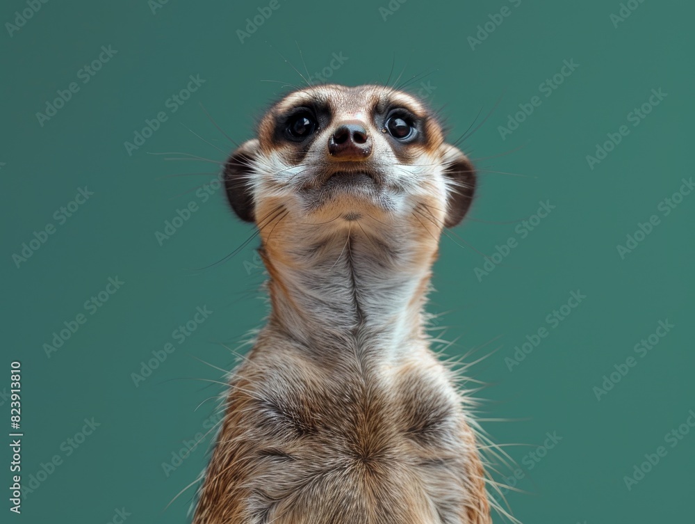 Fototapeta premium Quirky meerkat closeup, alert and isolated on emerald green backdrop, with space for text