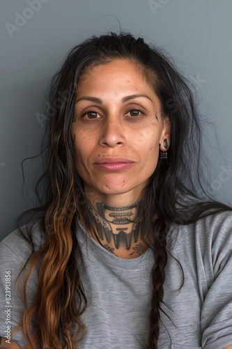 headshot mugshot of a gang member hispanic man looking at the camera with his body covered with tattoos on gray background photo