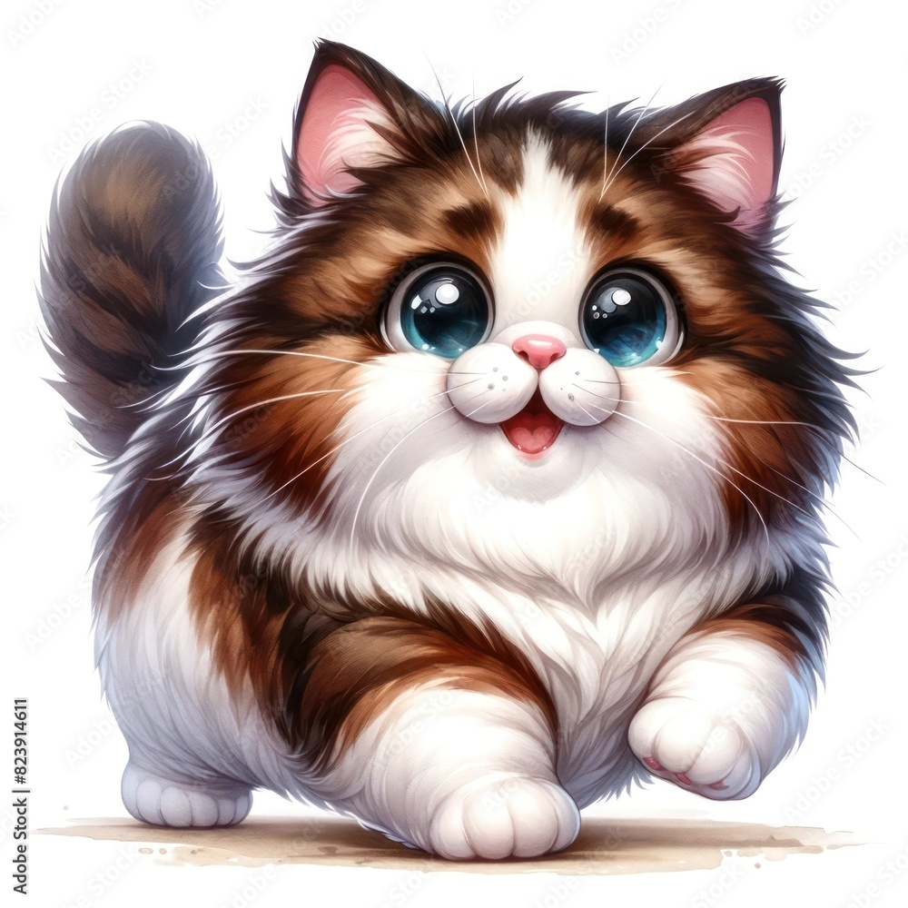 A cheerful full-body watercolor cartoon Ragamuffin cat with big, expressive, sparkling eyes that clearly convey joy. The cat has a large, muscular body A cheerful full-body watercolor cartoon Ragamuffin cat with big, expressive, sparkling eyes that clearly convey joy. The cat has a large, muscular body