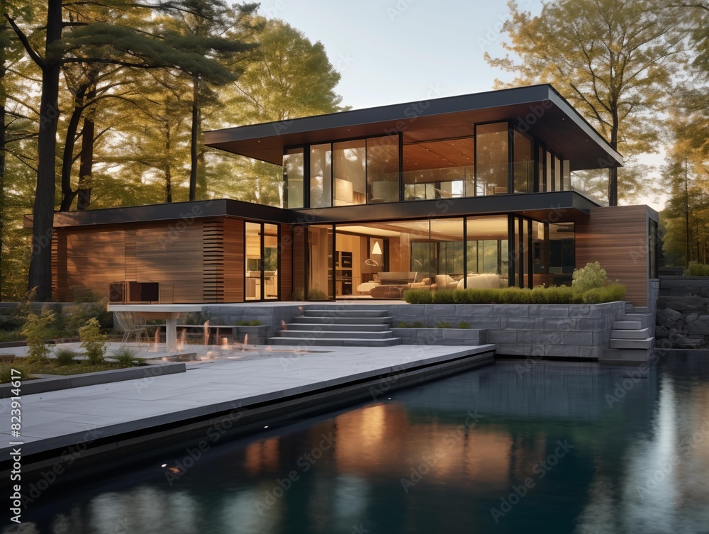 Dusk Settles on a Modern House Nestled in the Woods Dusk Settles on a Modern House Nestled in the Woods