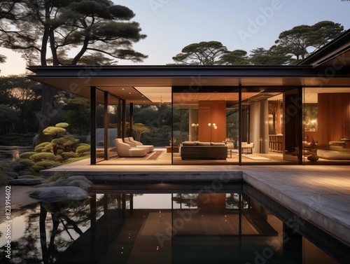 Dusk Settles on a Modern House Amidst a Tranquil Forest