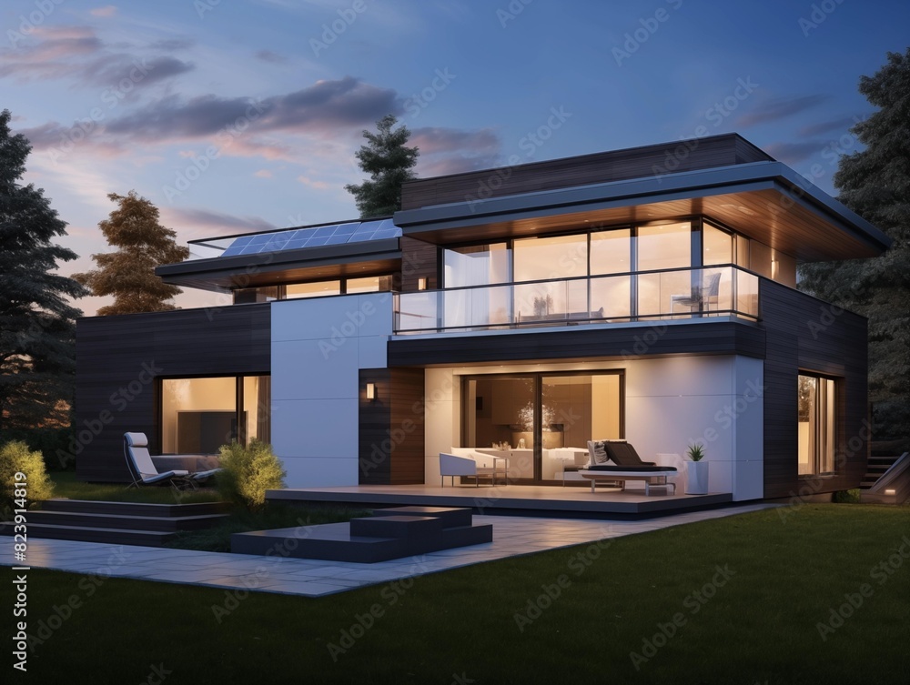 Family Dwelling Illuminated at Dusk in Suburban Setting Family Dwelling Illuminated at Dusk in Suburban Setting