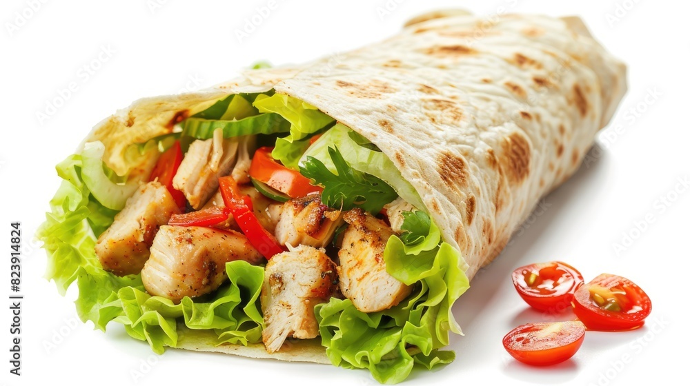 Wrap Isolated. Enclosed Tortilla Fajita with Chicken and Fresh Salad Wrap Isolated. Enclosed Tortilla Fajita with Chicken and Fresh Salad