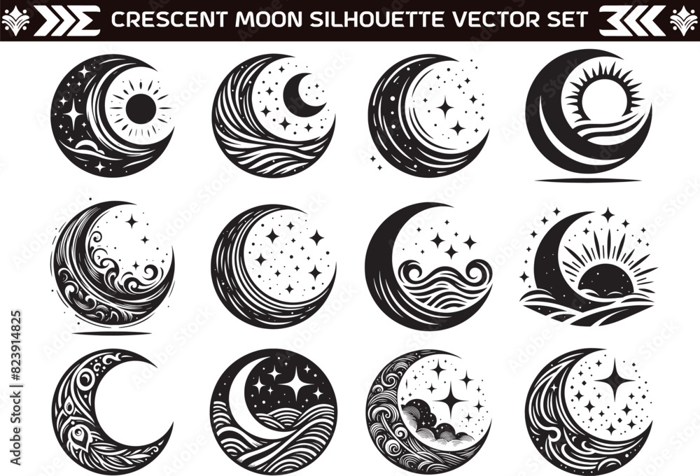 Crescent Moon Silhouette Vector on White Background Crescent Moon Silhouette Vector on White Background