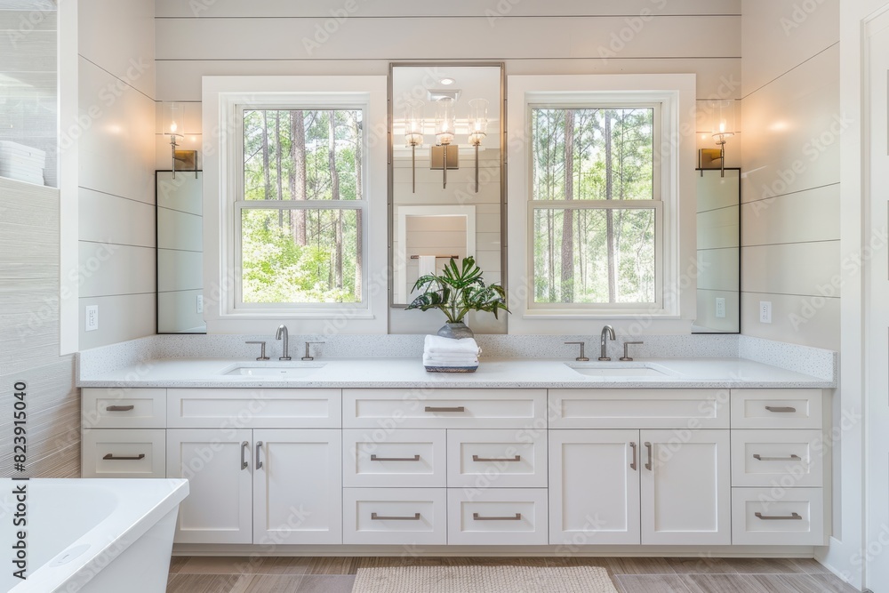 Bathroom Home Design. Master Bathroom Interior with White Sink and Mirror Bathroom Home Design. Master Bathroom Interior with White Sink and Mirror