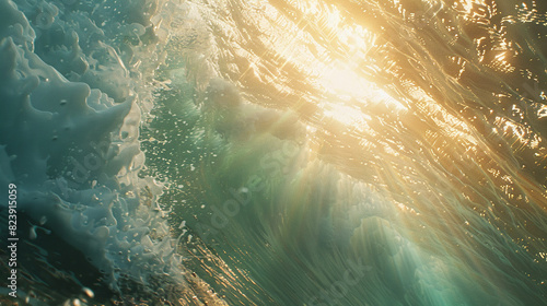 Sunlight filtering through the translucent walls of an underwater wave.  