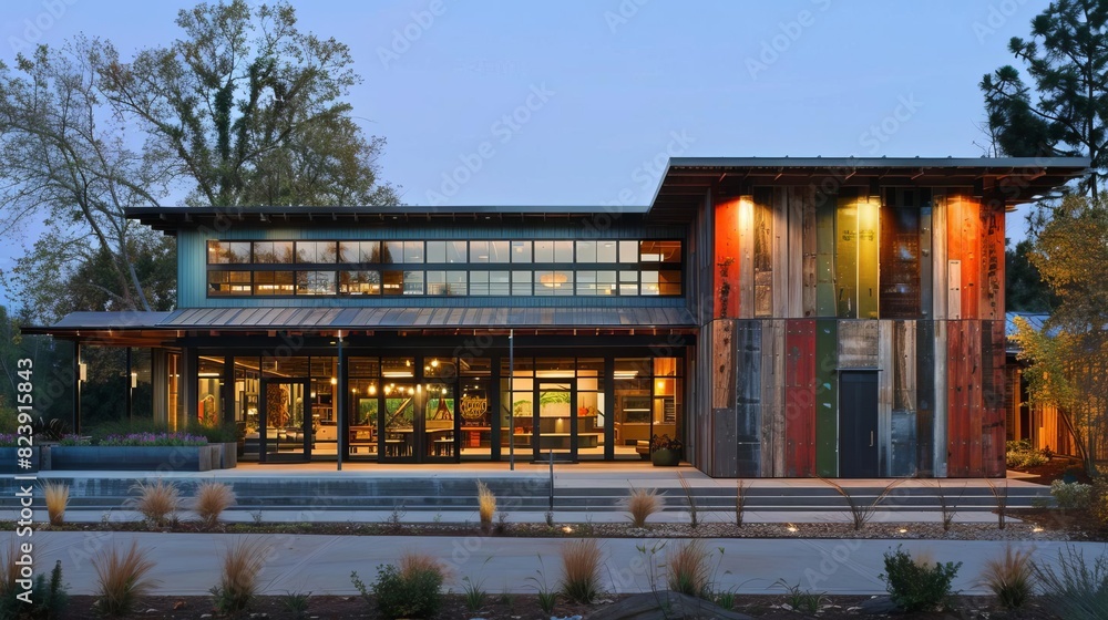 Obraz premium A community center built with reclaimed wood and recycled steel, blending rustic charm with modern architecture