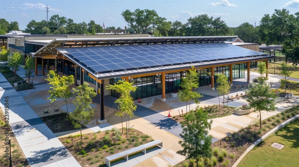 A community center with rooftop solar panels, providing power for ...
