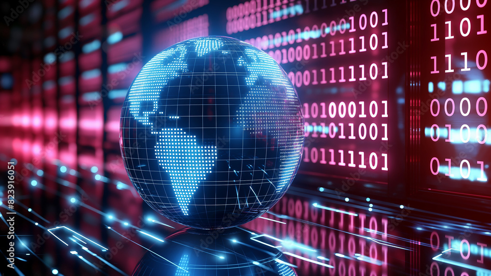 A dot matrix globe is enveloped in a neon-style binary matrix, symbolizing the vastness of global data analysis and the interconnected digital world. A dot matrix globe is enveloped in a neon-style binary matrix, symbolizing the vastness of global data analysis and the interconnected digital world.