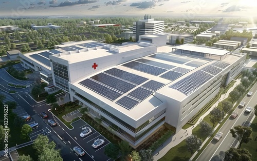 A hospital with solar panels on the roof and parking structures, providing sustainable energy and reducing operating costs