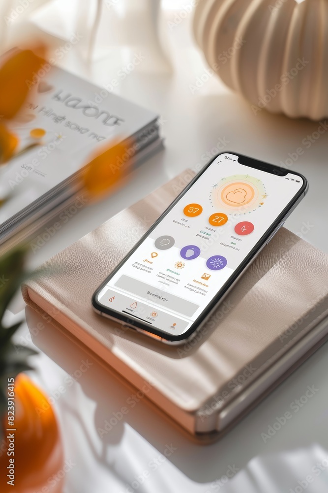 Holistic Health App Interface Mockup Featuring Mood Trackers and Meditation Guides for Wellness and Self-care Holistic Health App Interface Mockup Featuring Mood Trackers and Meditation Guides for Wellness and Self-care