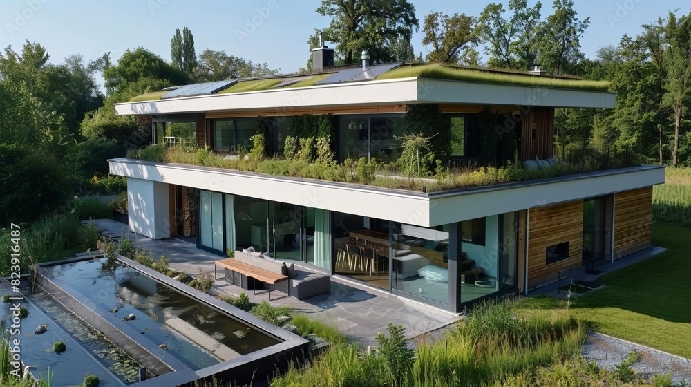 A luxury passive house with a green roof, smart home technology, and an emphasis on thermal mass and insulation A luxury passive house with a green roof, smart home technology, and an emphasis on thermal mass and insulation