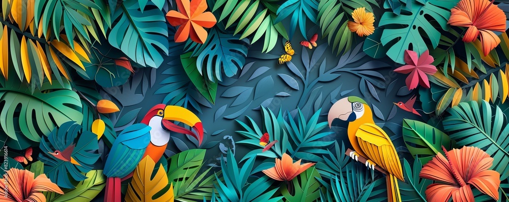 Fototapeta premium Tropical rainforest with exotic birds, detailed foliage, and vibrant colors in papercut