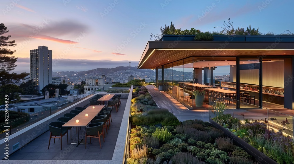 A modern hotel with a green roof, featuring outdoor dining areas, native plants, and stunning city views A modern hotel with a green roof, featuring outdoor dining areas, native plants, and stunning city views