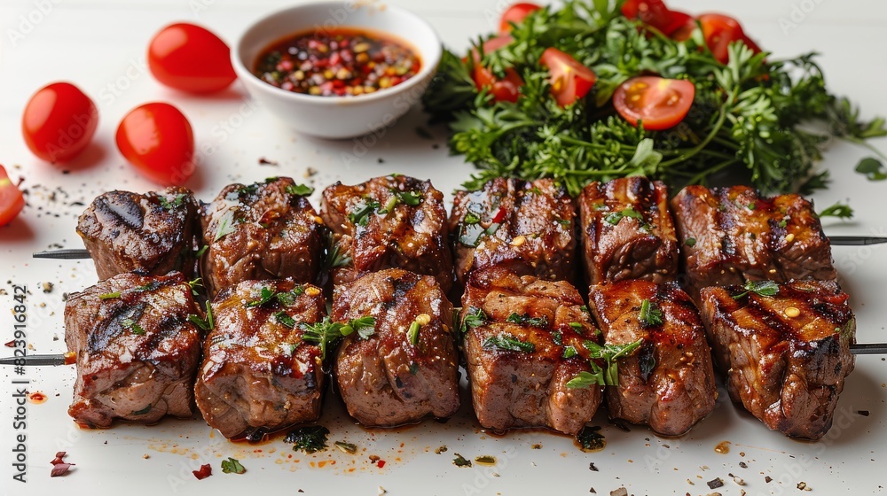 Various meat skewers in a white background photo