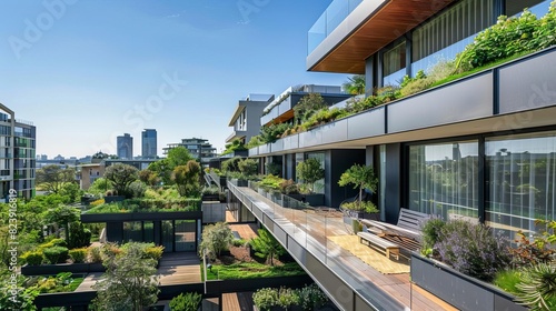 A modern apartment building with a green roof, featuring communal garden spaces and sustainable design elements