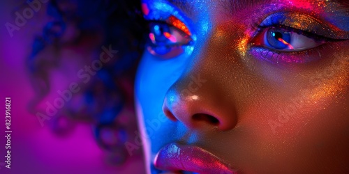 Vibrant and Colorful Close-up Portrait of a Person with Neon Glowing Makeup Set Against a Dynamic Background of Blue and Pink Lighting Effects Creating a Dreamlike Atmosphere