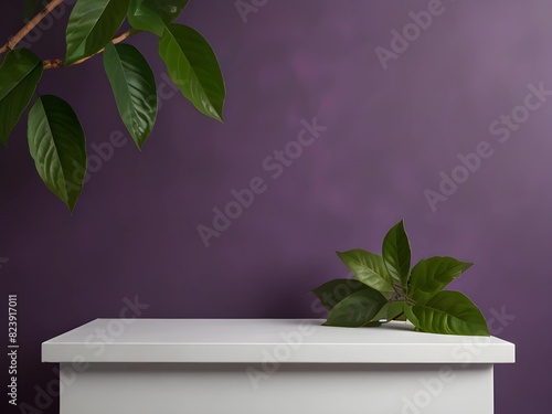 An empty rectangular podium with leaves isolated on purple background  showcase for product presentation