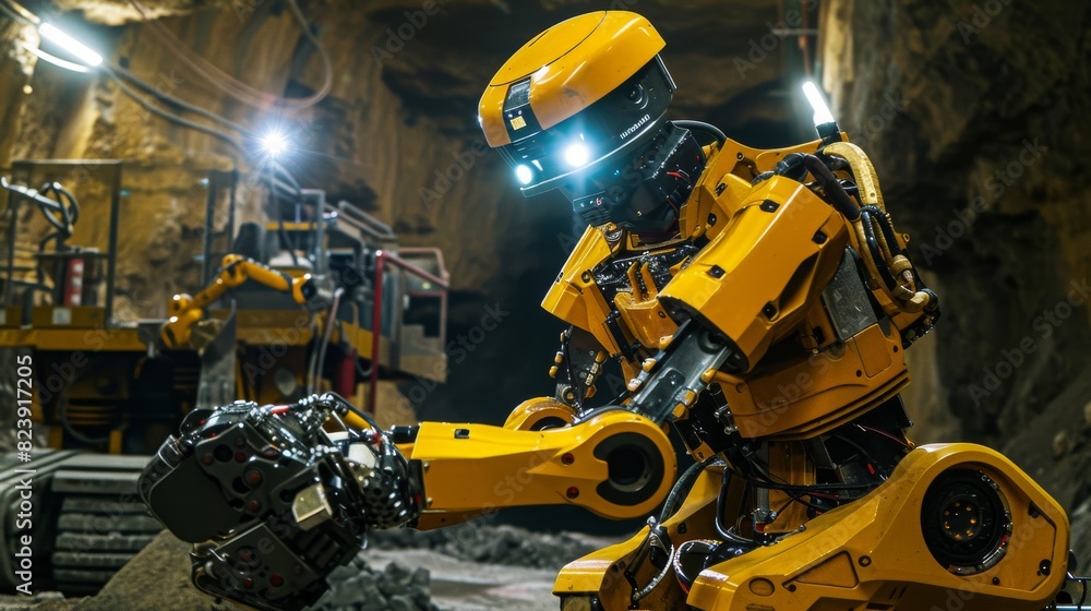 A large yellow robotic arm equipped with heavy-duty tools operating in an underground mining environment, symbolizing advanced industrial automation. A large yellow robotic arm equipped with heavy-duty tools operating in an underground mining environment, symbolizing advanced industrial automation.