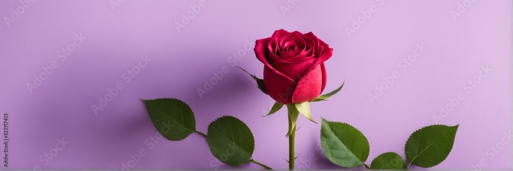 Obraz premium Pale purple background with a rose image, with space for text. The banner.