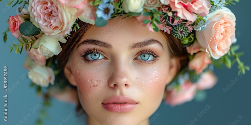 A close-up portrait of a person with vibrant blue eyes, adorned with a lush floral crown featuring a diverse array of colorful flowers, set against a soft blue background