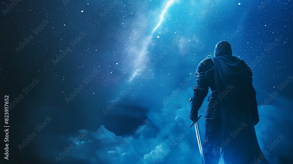Hero conquers the world, a warrior raising the sword against the sky, concept of fight against fate, success, fight for life, hero, win, ambitious, the one Hero conquers the world, a warrior raising the sword against the sky, concept of fight against fate, success, fight for life, hero, win, ambitious, the one