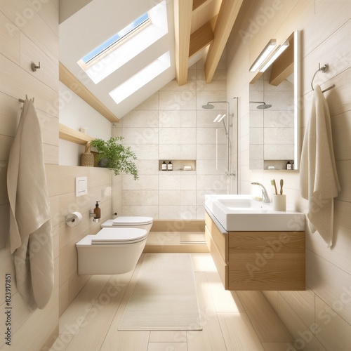 A bright and airy bathroom with vaulted ceilings  skylights  and a wall-mounted  floating vanity in a natural wood finish  complementing the minimalist decor.
