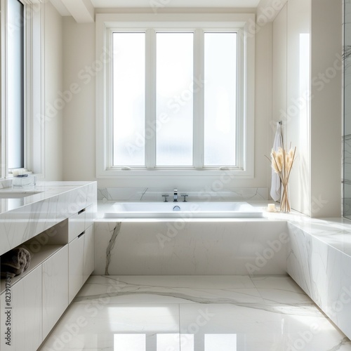 A bright, airy bathroom featuring a large window above a built-in marble tub, with the light reflecting off the subtle veins of the Bianco Sivec marble used throughout.