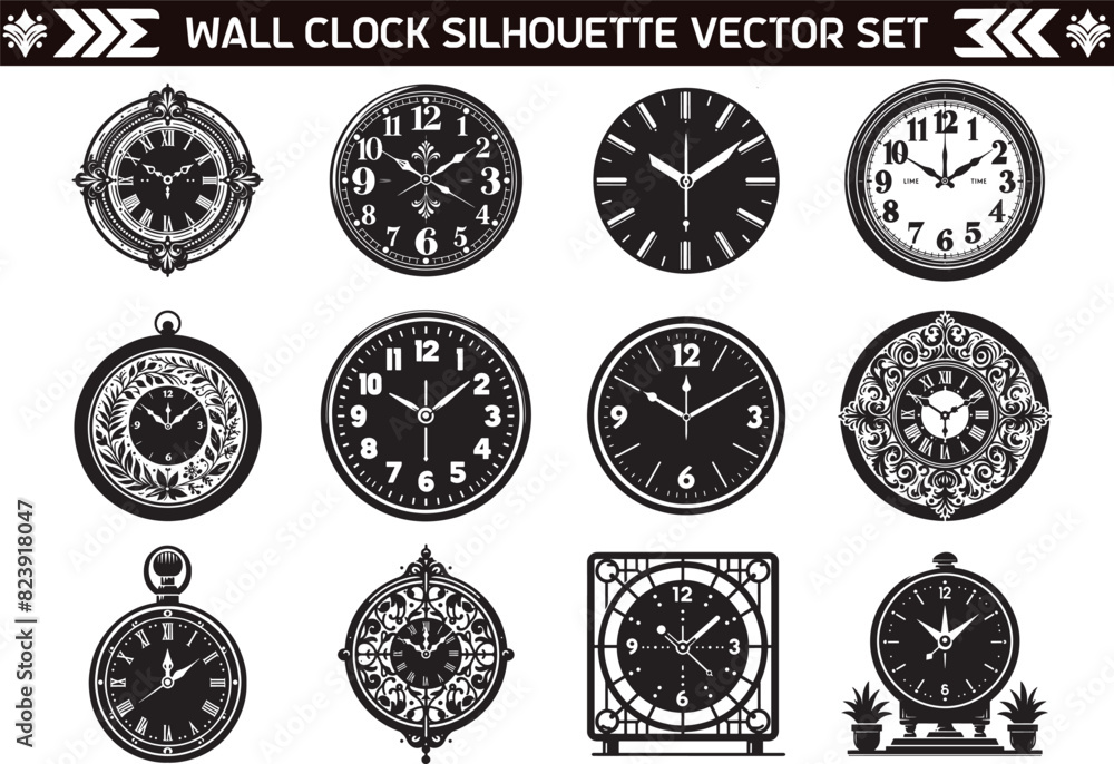 Wall Clock Silhouette Vector Illustration in White Background Wall Clock Silhouette Vector Illustration in White Background