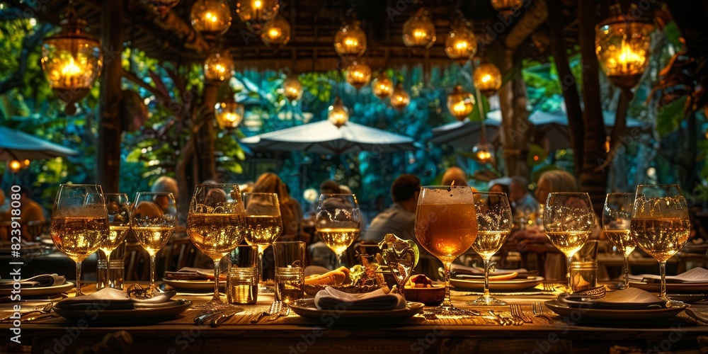 Elegant evening dining setup featuring sparkling wine glasses under warm lights with lush greenery in the background, creating a cozy and inviting ambiance