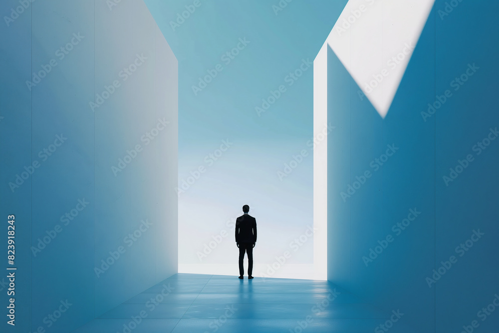 Businessman standing in a bright blue corridor Businessman standing in a bright blue corridor