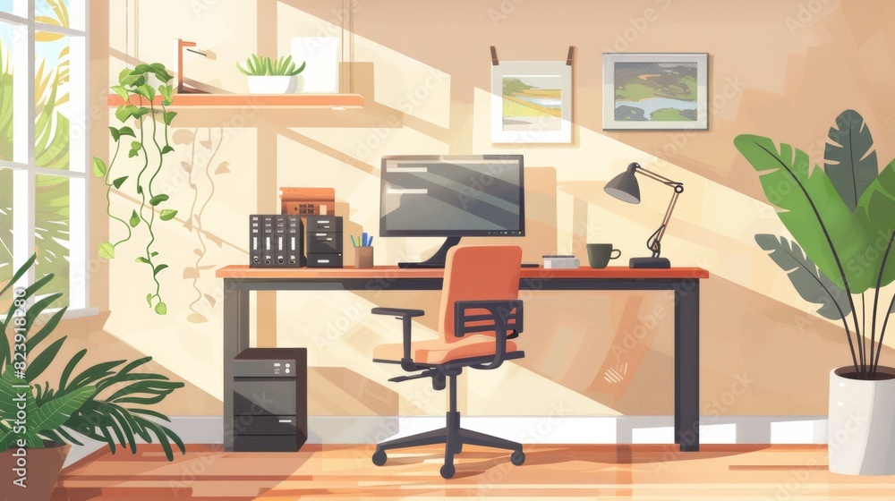 Modern Home Office with Ergonomic Furniture and Tech Equipment for Long-Term Remote Work Modern Home Office with Ergonomic Furniture and Tech Equipment for Long-Term Remote Work